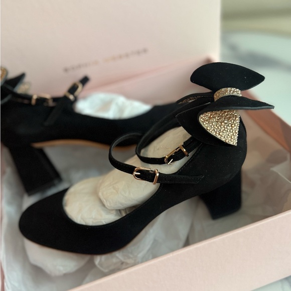 $550 Sophia Webster Lilia 60mm Suede Mid Mary Jane Heels Black ‎ Size 7B / 37